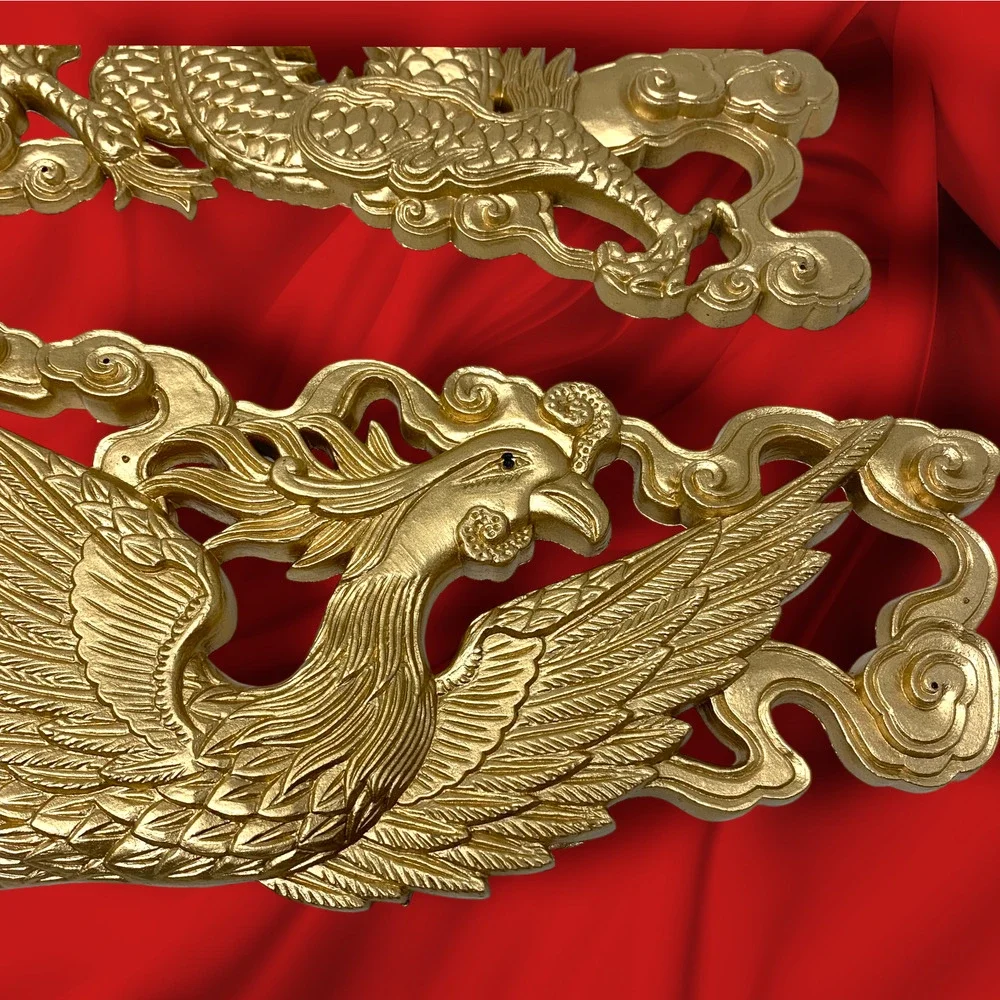 Vintage Dragon & Phoenix Wall Plaques Gold Tone Molded Resin Asian Decor 18